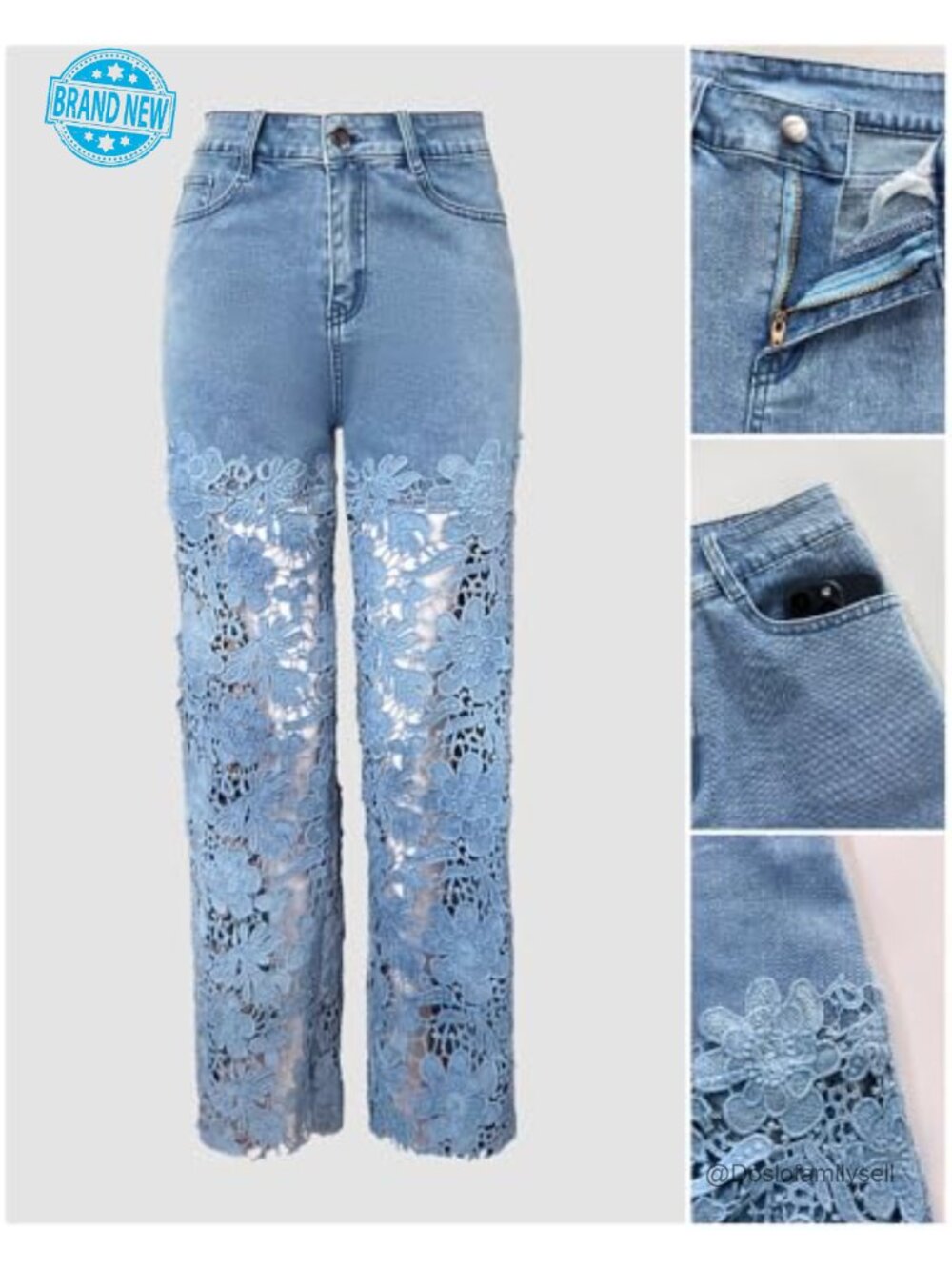 High Waist Wide Leg Jeans with Lace Spliced Floral Detail Stretchy Zipper - Picture 5 of 7